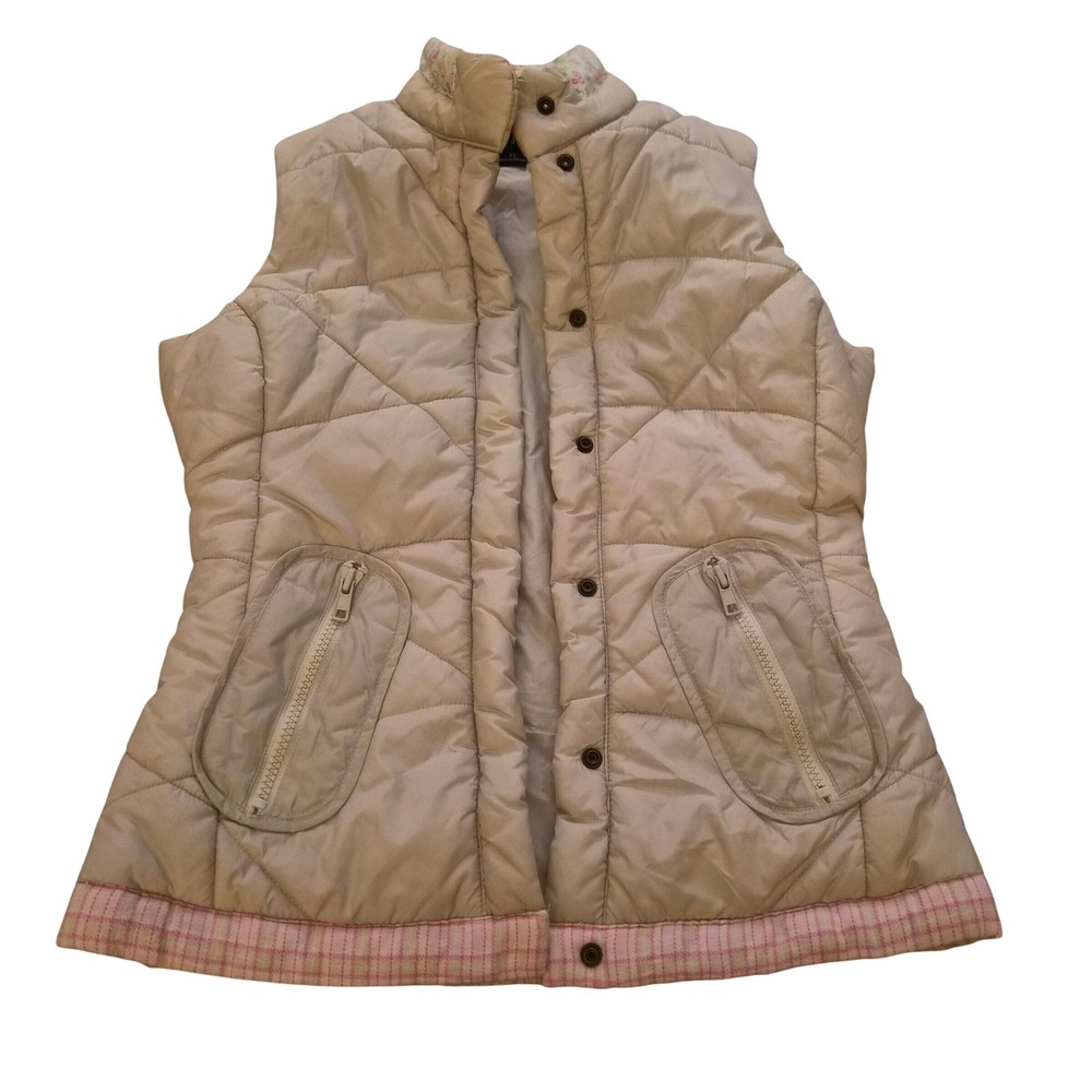 Wet Seal Tan Quilted Puffer Vest Floral Plaid Trim Mock Neck XS